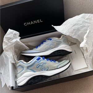 CHANEL White Blue Mesh Sneakers Lace Up Low Top Logo